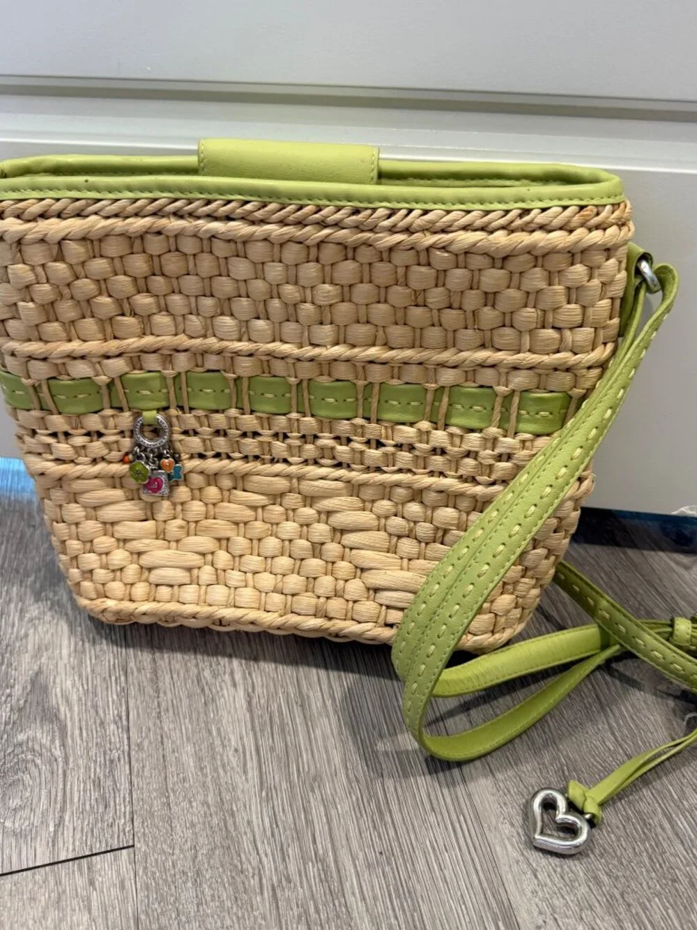Brighton Straw Woven Crossbody Bag with Green Accents and Charms - Picture 1 of 4